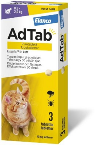 AdTab purutabletti 12 mg kissalle (0,5–2,0 kg) 3 fol